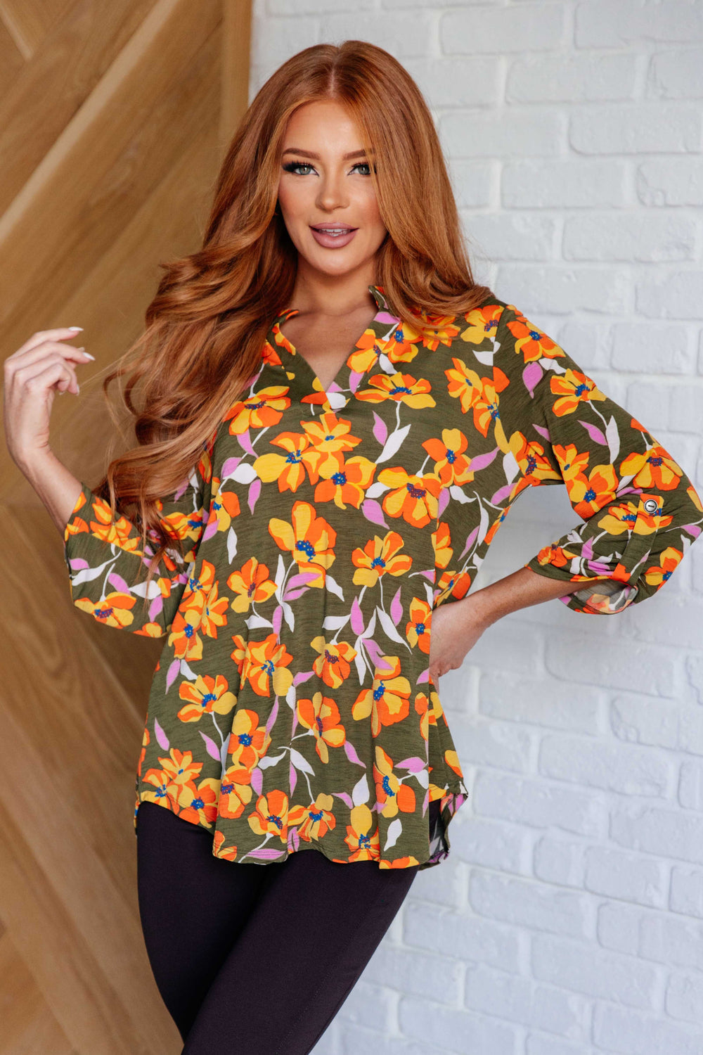 Lizzy Top in Olive and Mustard Floral-110 Long Sleeve Tops-Inspired by Justeen-Women's Clothing Boutique