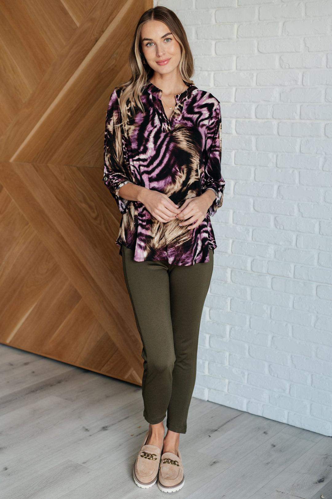 Lizzy Top in Purple and Taupe Animal Print-110 Long Sleeve Tops-Inspired by Justeen-Women's Clothing Boutique