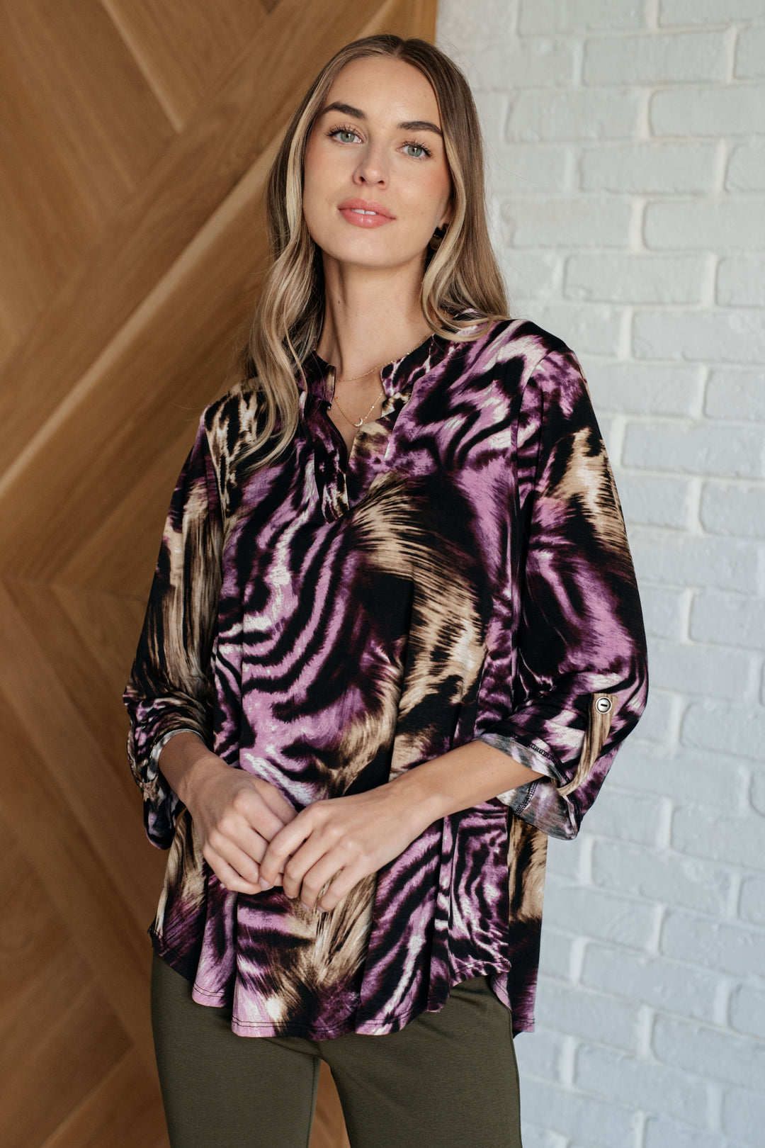 Lizzy Top in Purple and Taupe Animal Print-110 Long Sleeve Tops-Inspired by Justeen-Women's Clothing Boutique