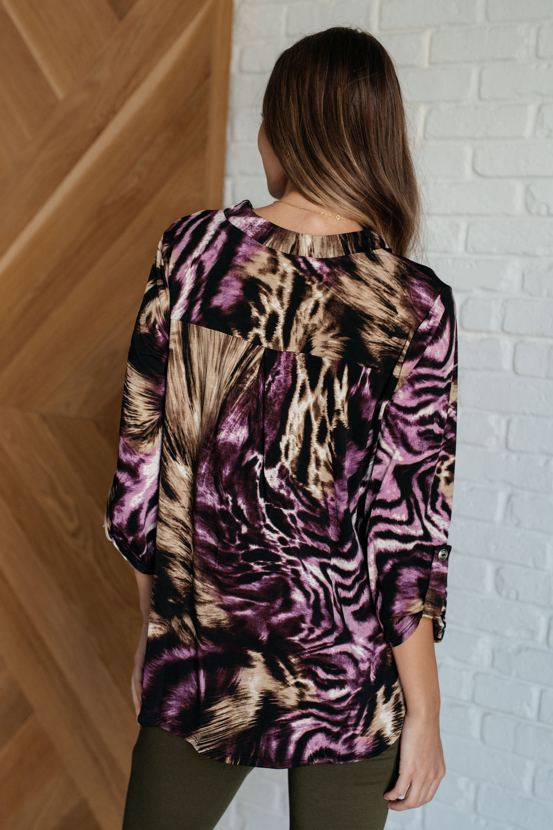 Lizzy Top in Purple and Taupe Animal Print-110 Long Sleeve Tops-Inspired by Justeen-Women's Clothing Boutique