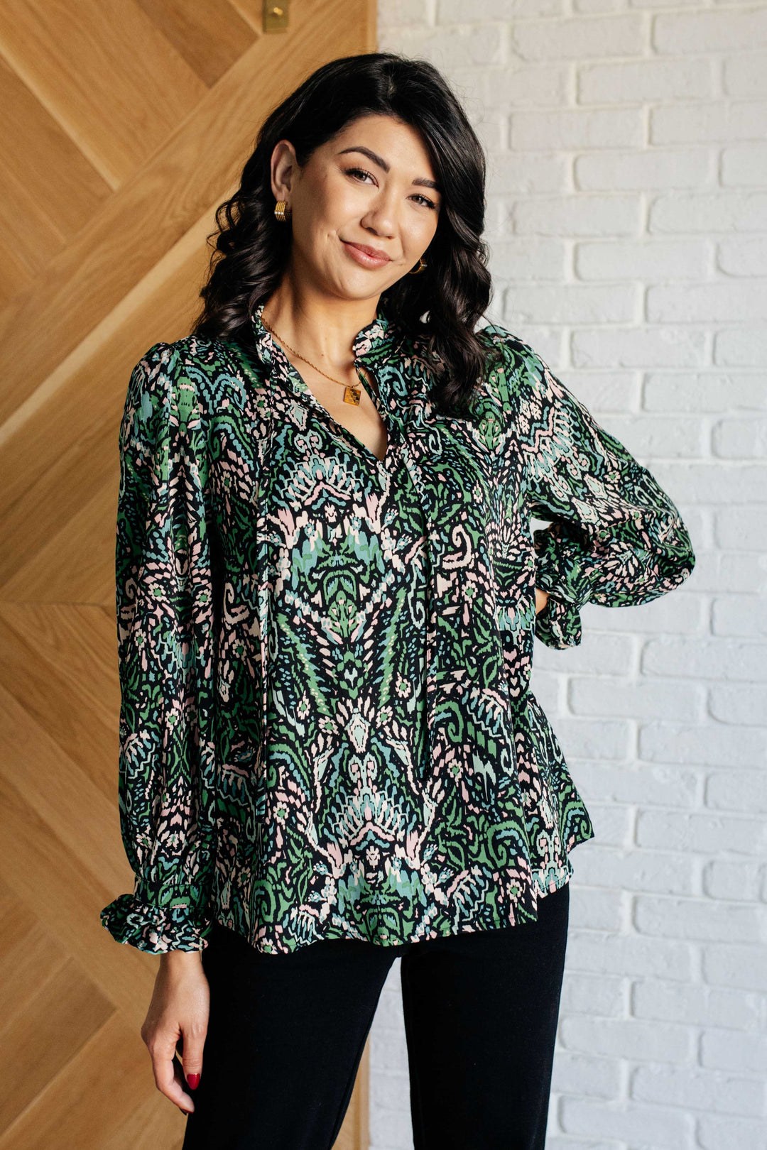 Looking Out Damask Print Blouse-110 Long Sleeve Tops-Inspired by Justeen-Women's Clothing Boutique