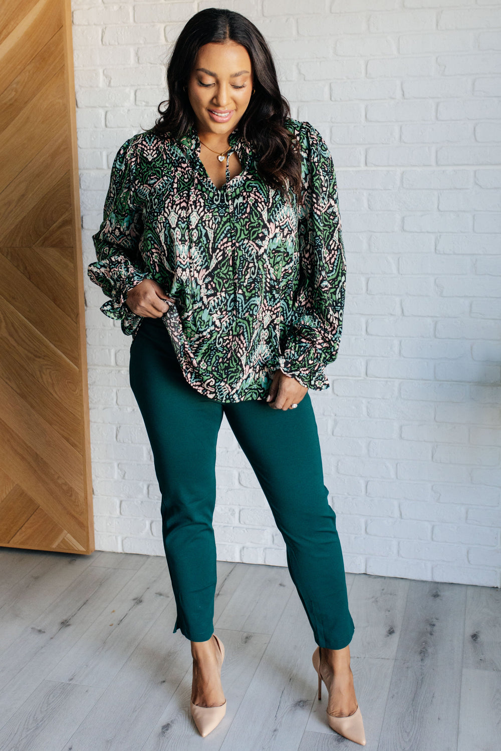 Looking Out Damask Print Blouse-110 Long Sleeve Tops-Inspired by Justeen-Women's Clothing Boutique