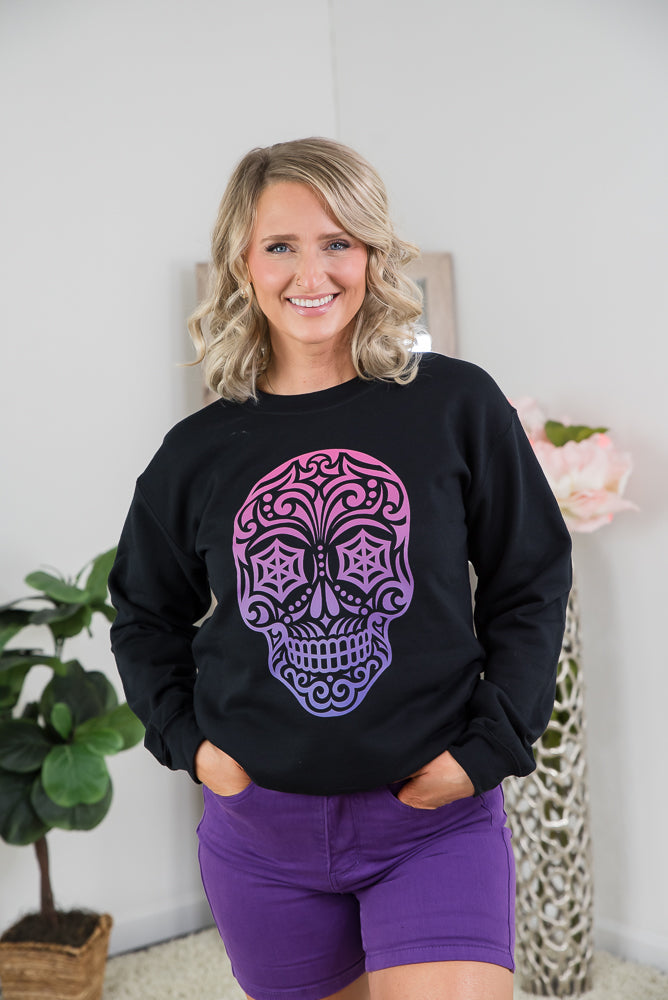 Magenta Sugar Skull Crewneck-BT Graphic Tee-Inspired by Justeen-Women's Clothing Boutique