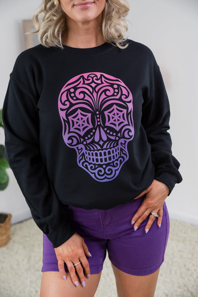 Magenta Sugar Skull Crewneck-BT Graphic Tee-Inspired by Justeen-Women's Clothing Boutique