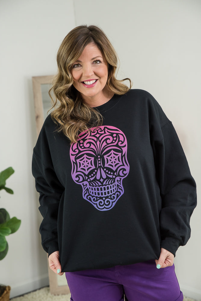 Magenta Sugar Skull Crewneck-BT Graphic Tee-Inspired by Justeen-Women's Clothing Boutique