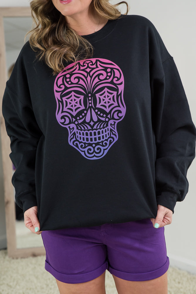 Magenta Sugar Skull Crewneck-BT Graphic Tee-Inspired by Justeen-Women's Clothing Boutique