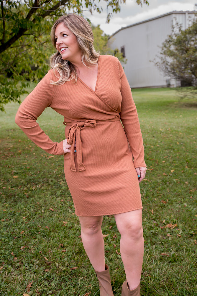 Happy Now Dress in Cognac-White Birch-Inspired by Justeen-Women's Clothing Boutique