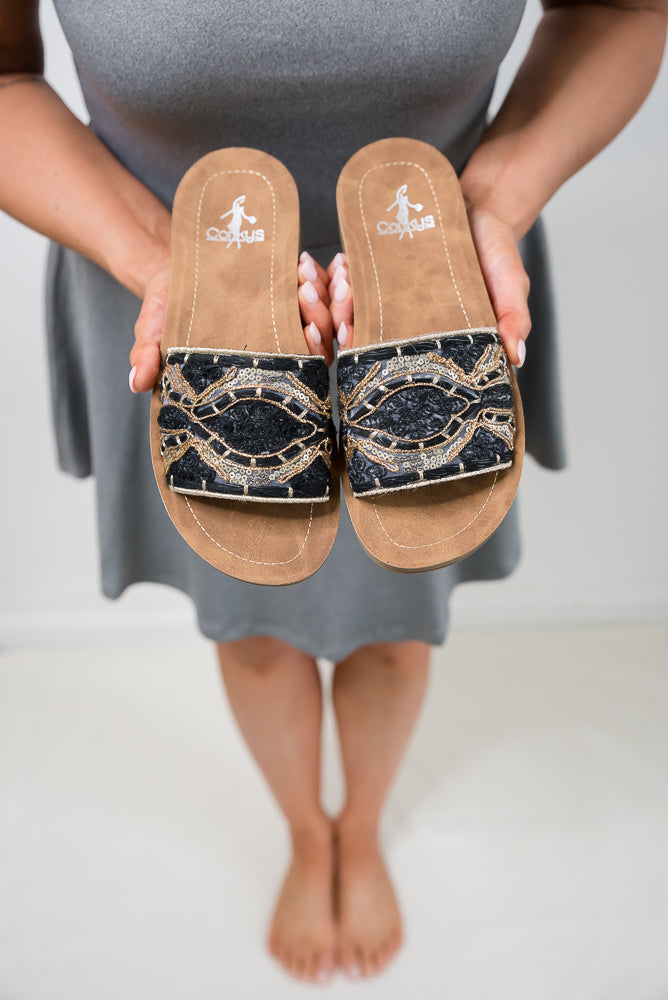 Pinwheel Sandals in Black-Corkys-Inspired by Justeen-Women's Clothing Boutique in Chicago, Illinois
