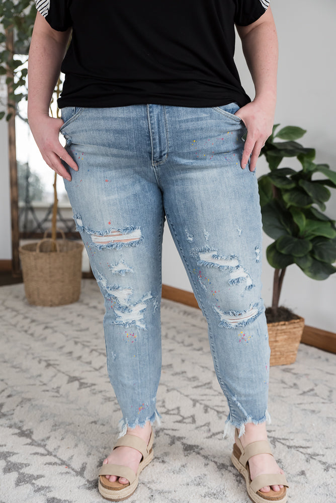 Rainbow Skies Paint Splatter Judy Blue Boyfriend Jeans-Judy Blue-Inspired by Justeen-Women's Clothing Boutique in Chicago, Illinois
