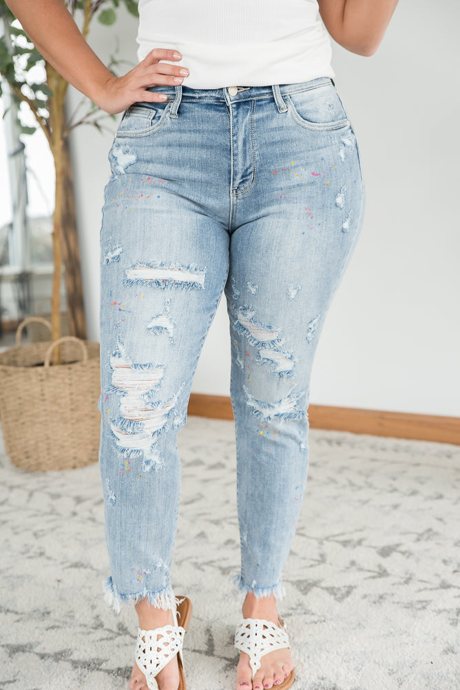 Rainbow Skies Paint Splatter Judy Blue Boyfriend Jeans-Judy Blue-Inspired by Justeen-Women's Clothing Boutique in Chicago, Illinois