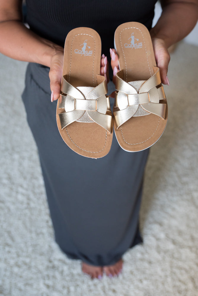 Rouge Sandals in Gold Metallic-Corkys-Inspired by Justeen-Women's Clothing Boutique in Chicago, Illinois