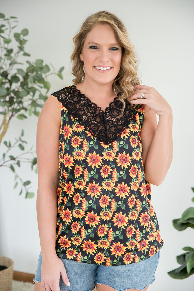 Seeking Sunflowers Lace Tank-YFW-Inspired by Justeen-Women's Clothing Boutique in Chicago, Illinois