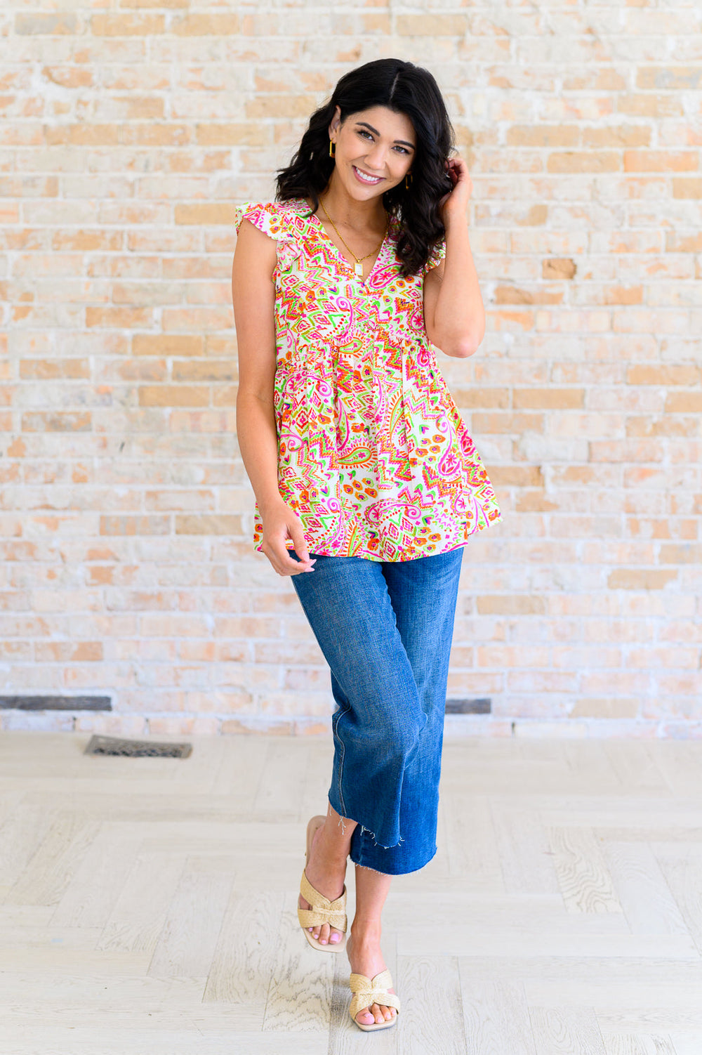 Lucy Eyelets Top in Ivory Multi-Short Sleeve Tops-Inspired by Justeen-Women's Clothing Boutique