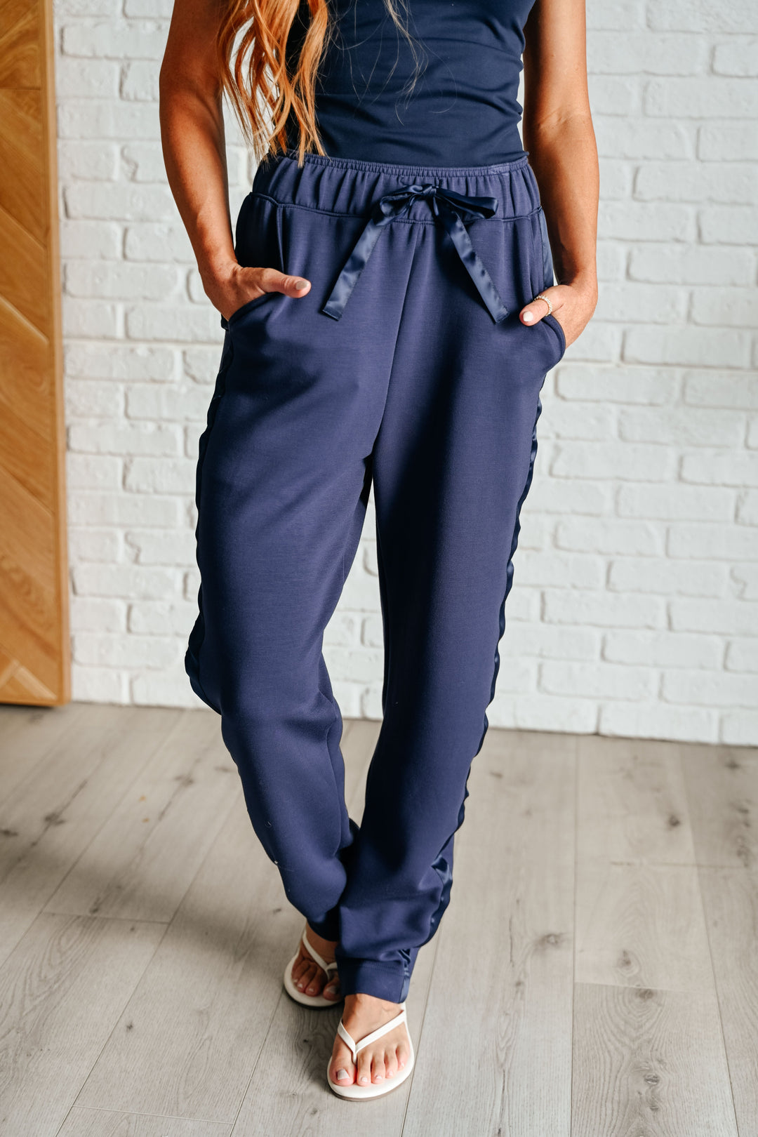 Lysa Satin Stripe Lounge Pants in Smoky Navy-Pants-Inspired by Justeen-Women's Clothing Boutique