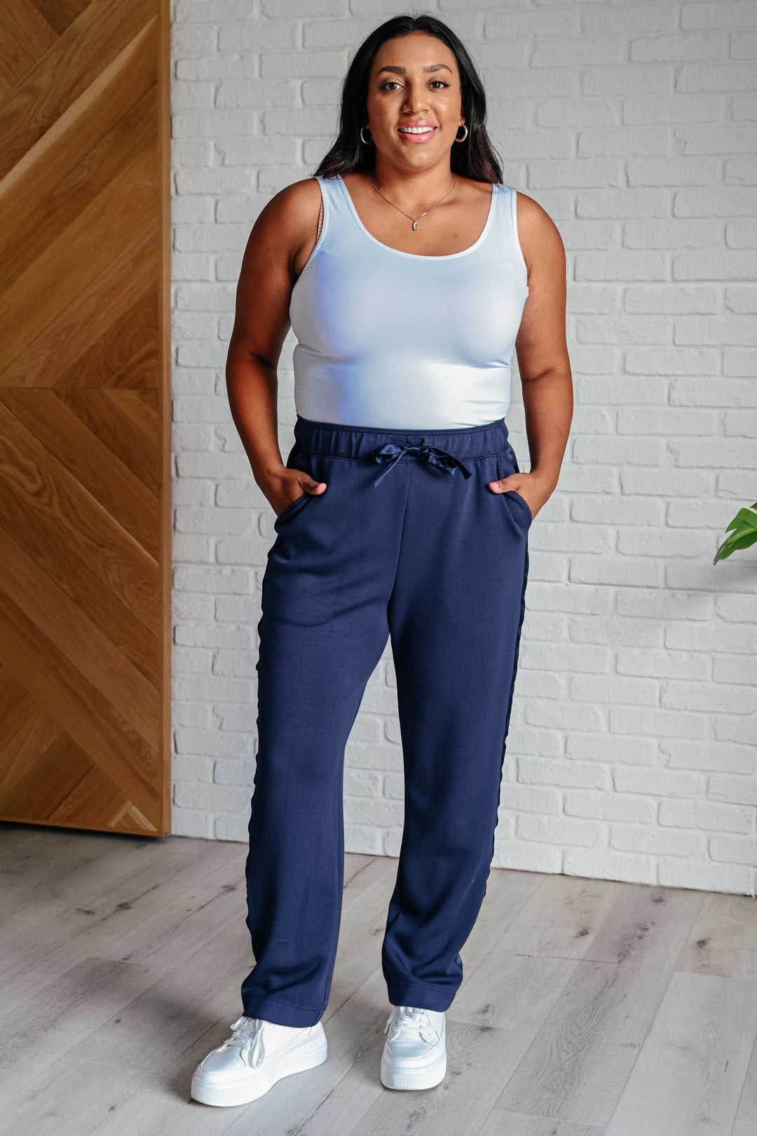 Lysa Satin Stripe Lounge Pants in Smoky Navy-Pants-Inspired by Justeen-Women's Clothing Boutique