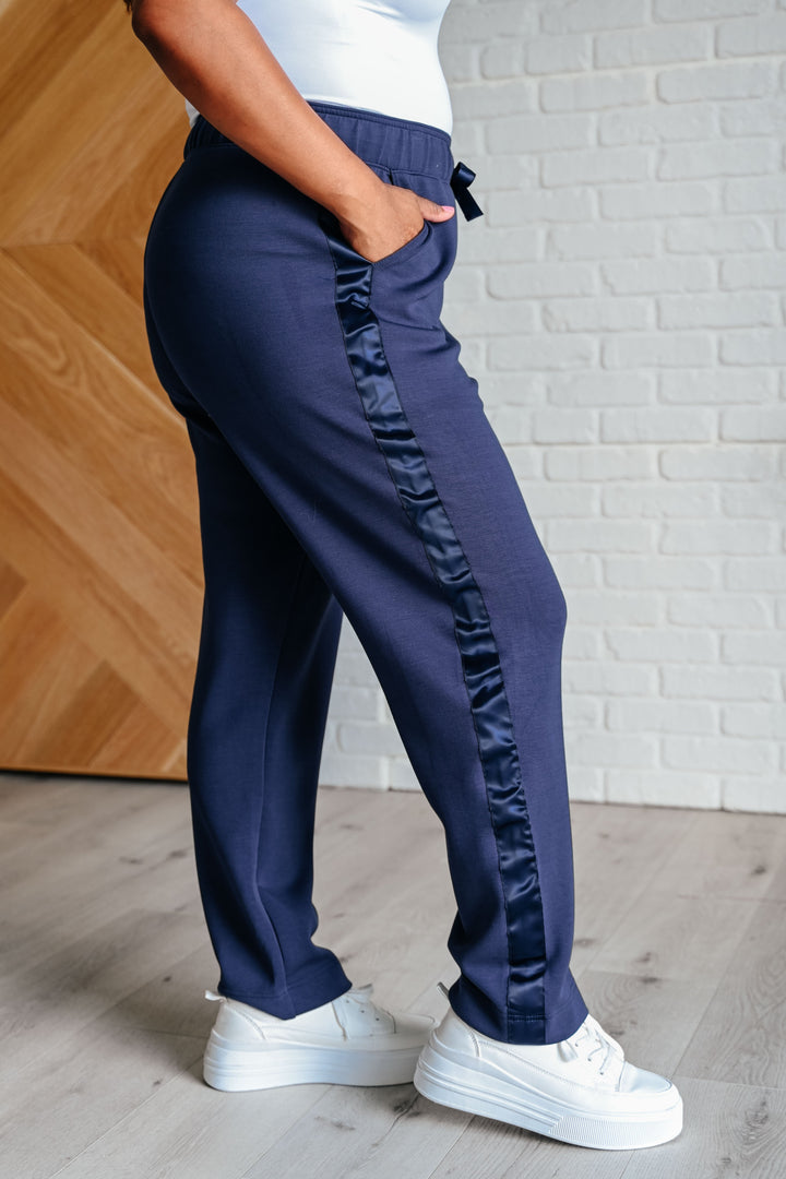 Lysa Satin Stripe Lounge Pants in Smoky Navy-Pants-Inspired by Justeen-Women's Clothing Boutique