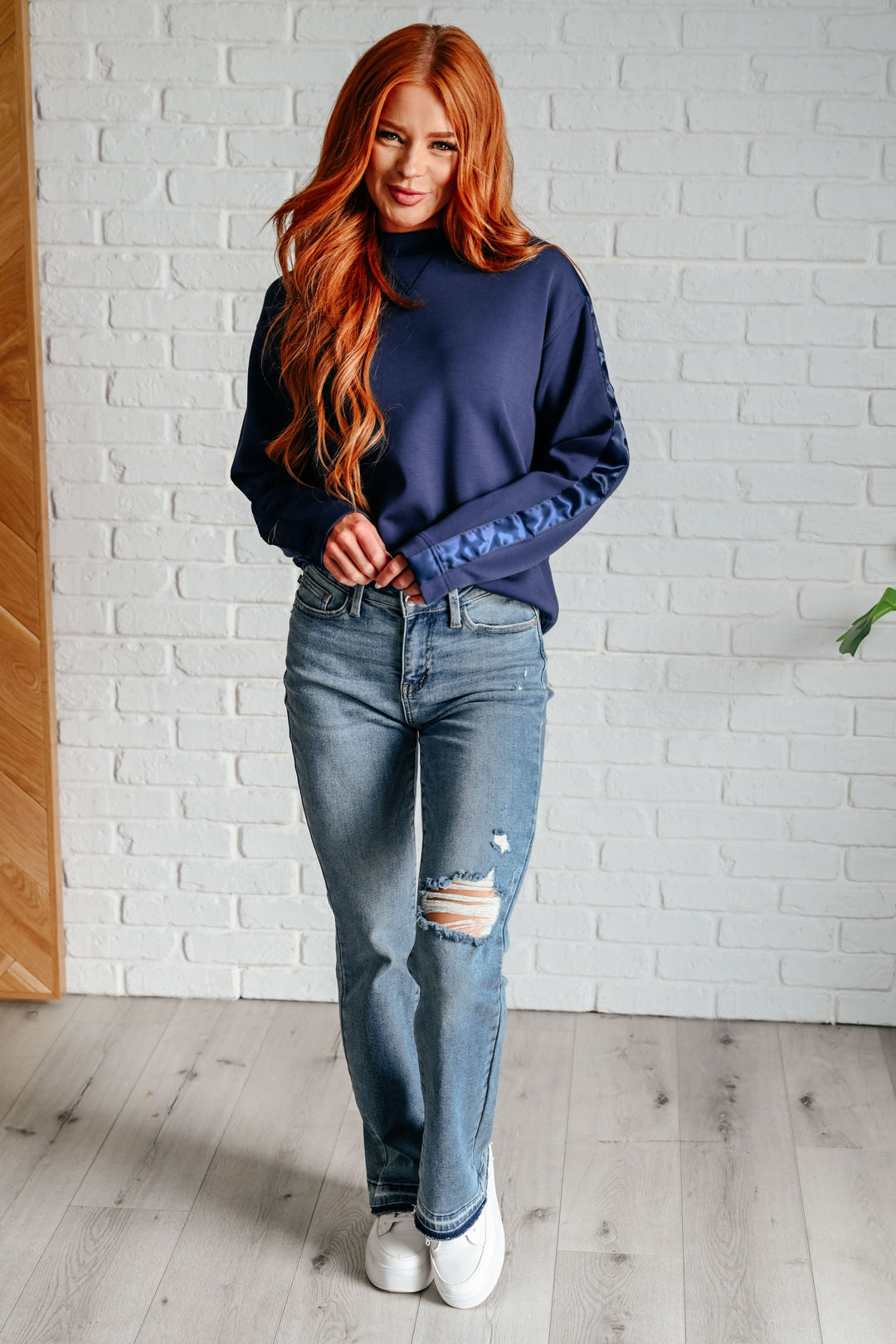 Lysa Satin Stripe Pullover in Smoky Navy-Sweaters/Sweatshirts-Inspired by Justeen-Women's Clothing Boutique