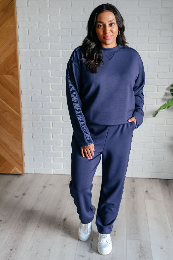 Lysa Satin Stripe Pullover in Smoky Navy-Sweaters/Sweatshirts-Inspired by Justeen-Women's Clothing Boutique