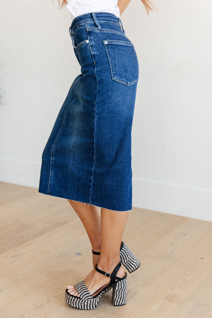 Marcy High Rise Denim Midi Skirt-Womens-Inspired by Justeen-Women's Clothing Boutique in Chicago, Illinois