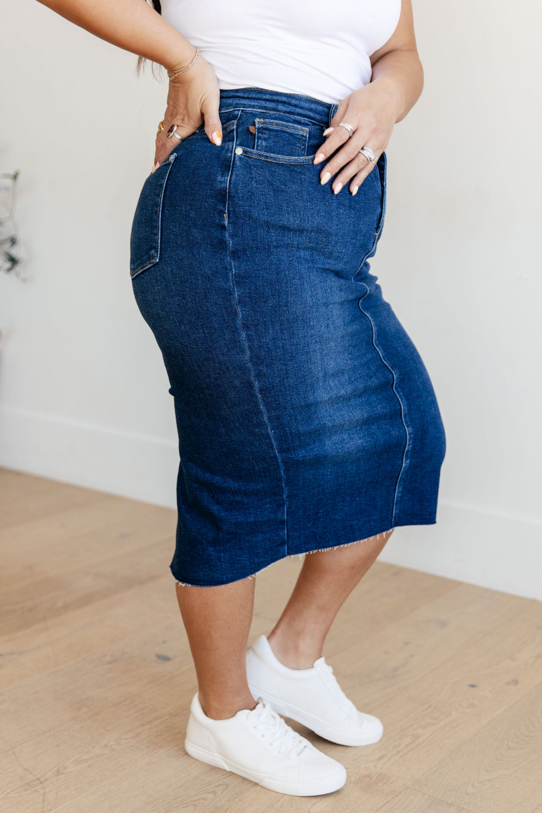 Marcy High Rise Denim Midi Skirt-Womens-Inspired by Justeen-Women's Clothing Boutique in Chicago, Illinois