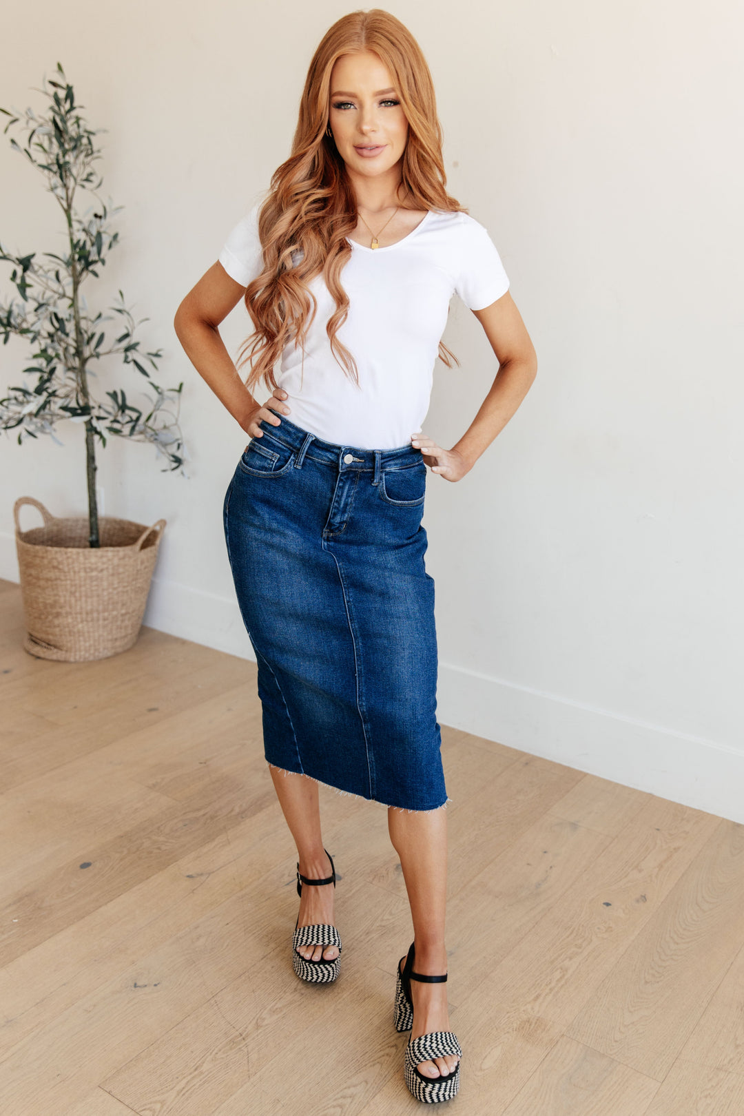 Marcy High Rise Denim Midi Skirt-Womens-Inspired by Justeen-Women's Clothing Boutique in Chicago, Illinois