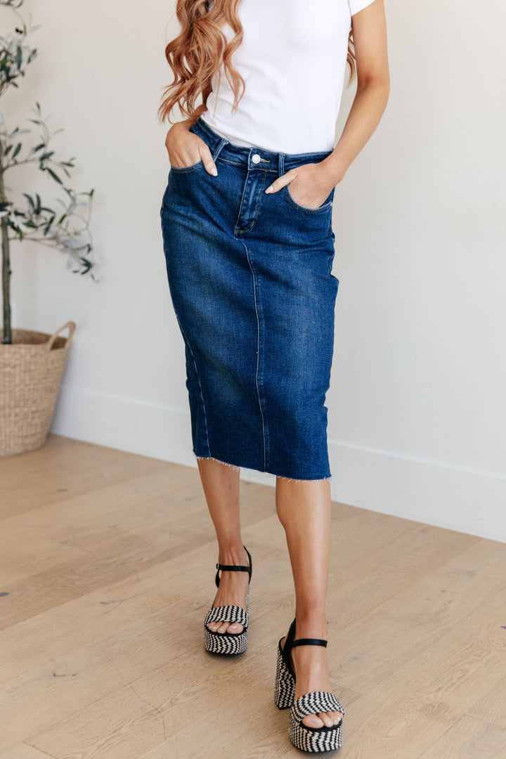 Marcy High Rise Denim Midi Skirt-Womens-Inspired by Justeen-Women's Clothing Boutique in Chicago, Illinois