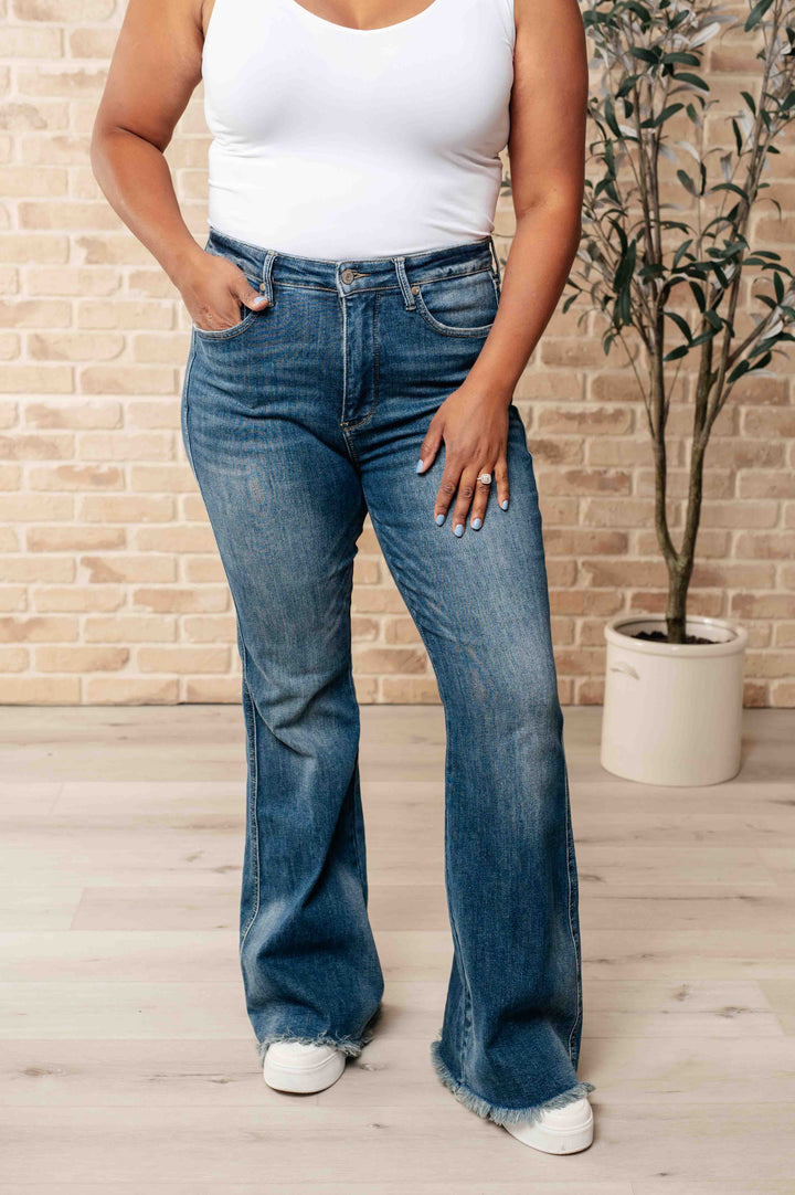 Miley High Waist Control Top Frayed Hem Flare Jeans-Denim-Inspired by Justeen-Women's Clothing Boutique