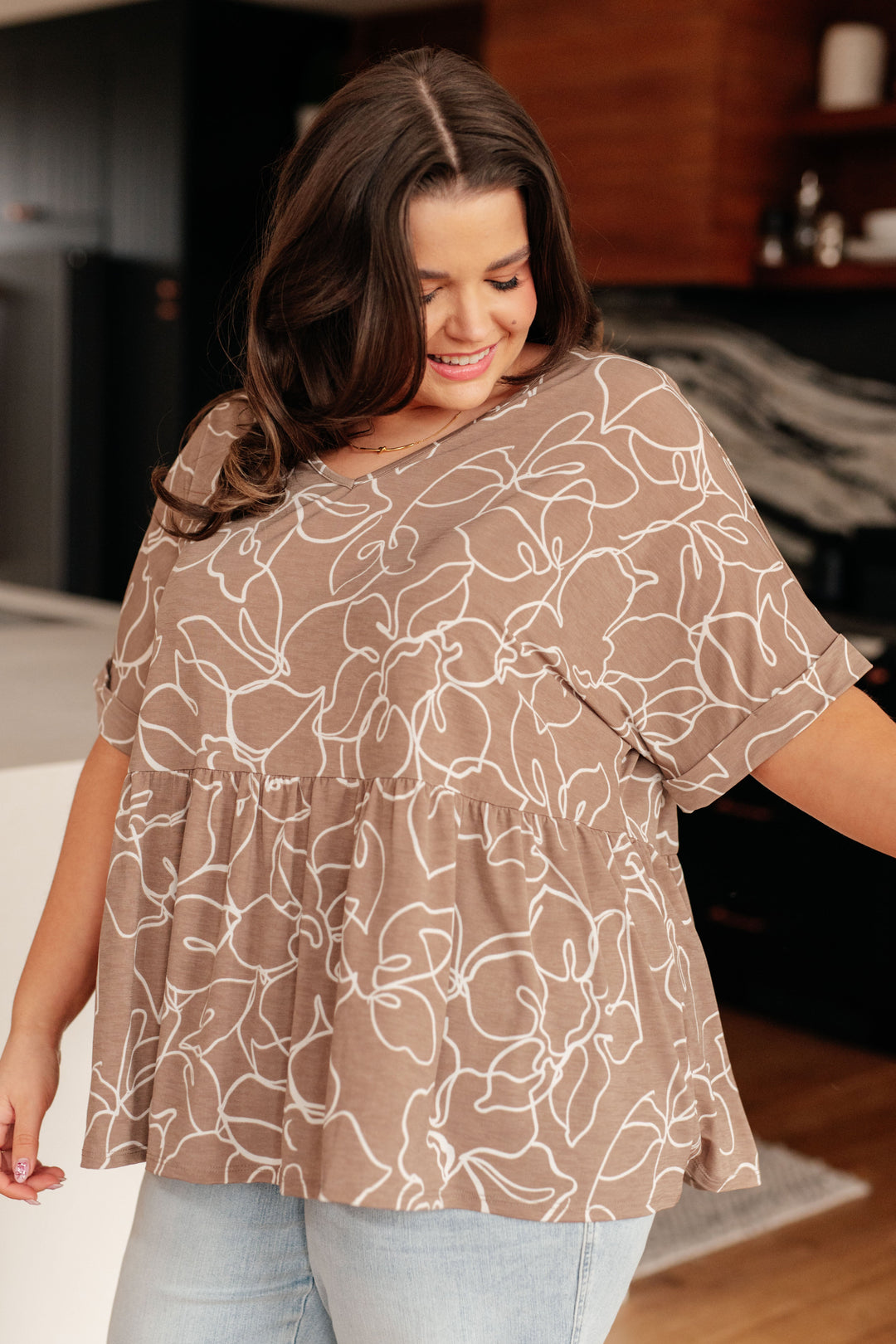 Mocha Petals V-Neck Top-100 Short Sleeve Tops-Inspired by Justeen-Women's Clothing Boutique