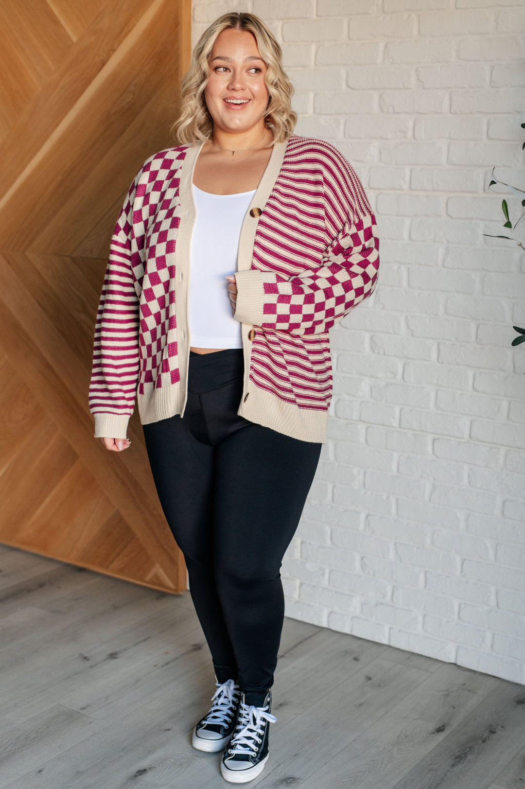 No Brainer Button Down Sweater Knit Cardigan in Magenta/Oatmeal-Cardigans + Kimonos-Inspired by Justeen-Women's Clothing Boutique