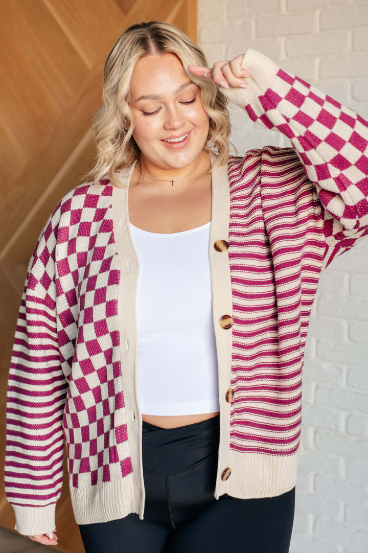 No Brainer Button Down Sweater Knit Cardigan in Magenta/Oatmeal-Cardigans + Kimonos-Inspired by Justeen-Women's Clothing Boutique