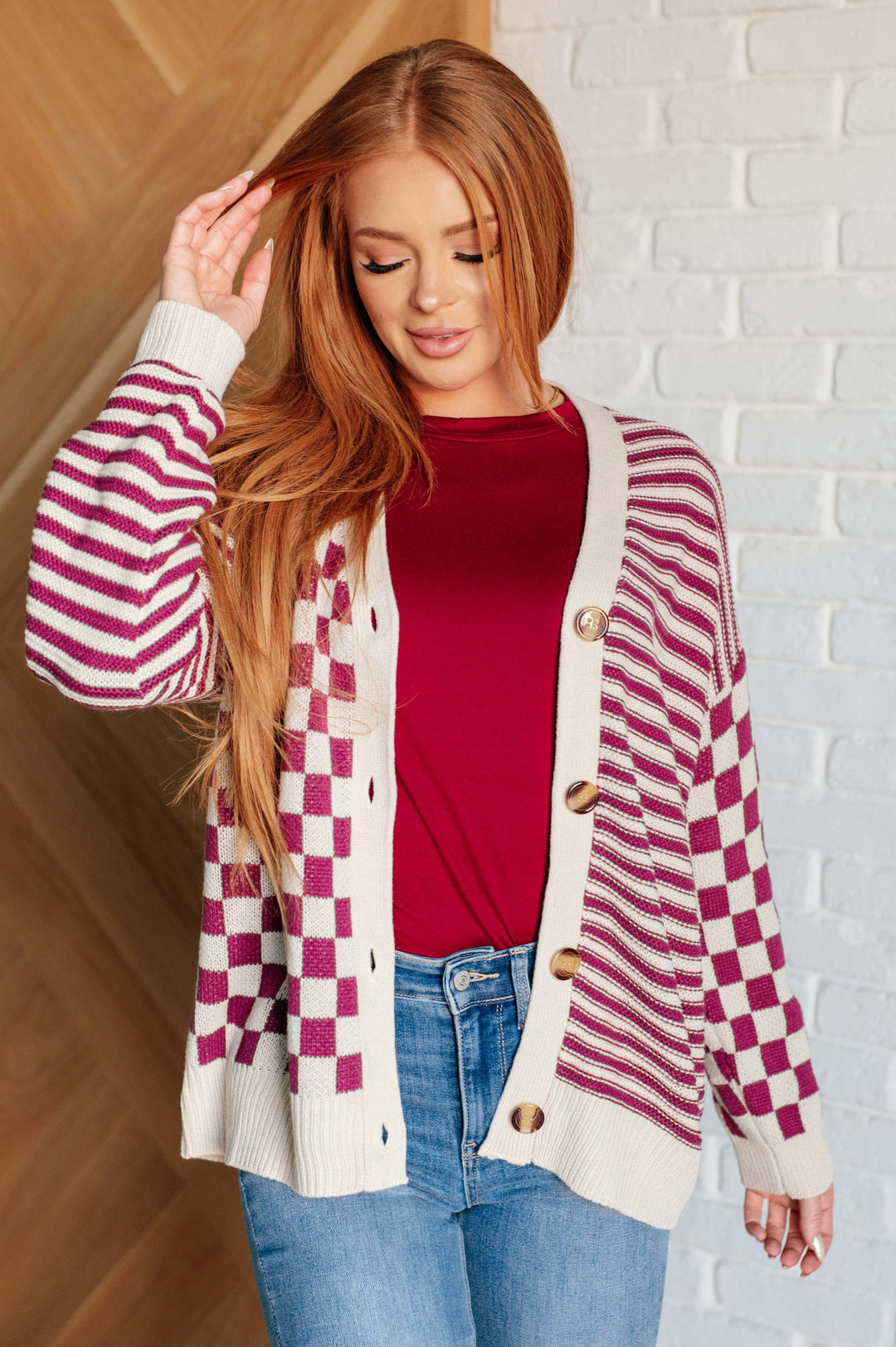 No Brainer Button Down Sweater Knit Cardigan in Magenta/Oatmeal-Cardigans + Kimonos-Inspired by Justeen-Women's Clothing Boutique