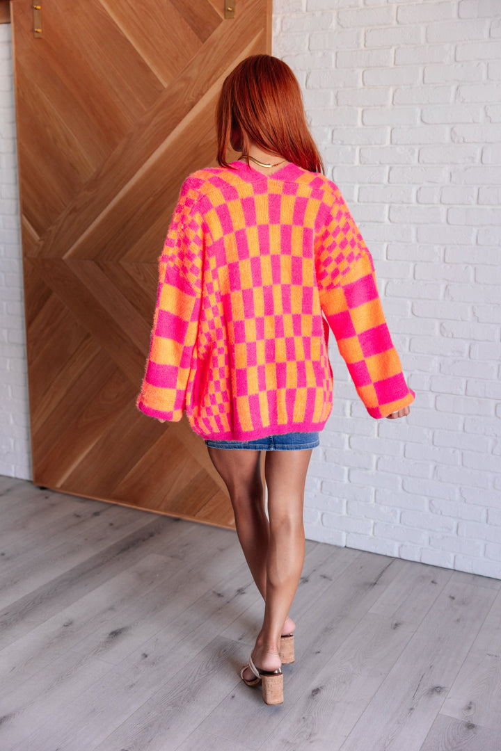 Noticed in Neon Checkered Cardigan in Pink and Orange-Cardigans + Kimonos-Inspired by Justeen-Women's Clothing Boutique