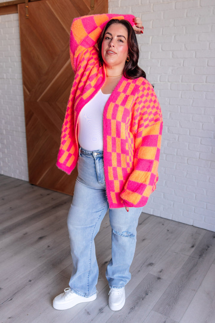 Noticed in Neon Checkered Cardigan in Pink and Orange-Cardigans + Kimonos-Inspired by Justeen-Women's Clothing Boutique