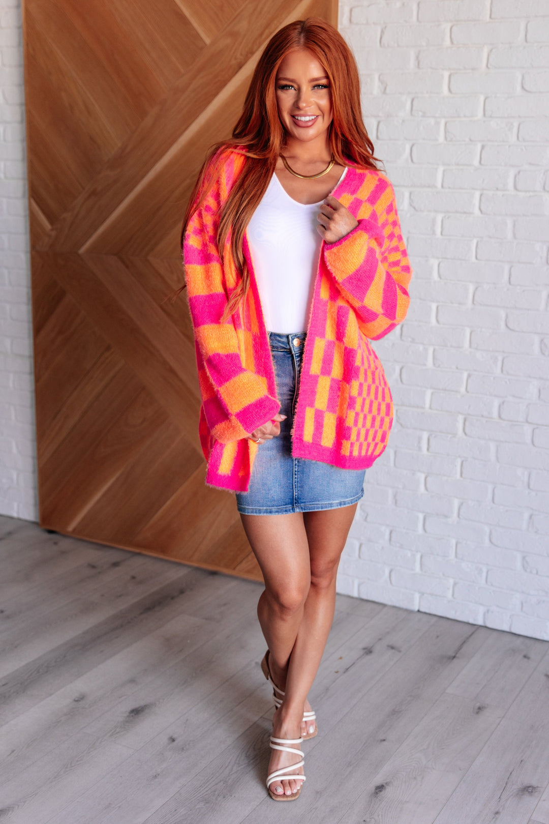 Noticed in Neon Checkered Cardigan in Pink and Orange-Cardigans + Kimonos-Inspired by Justeen-Women's Clothing Boutique