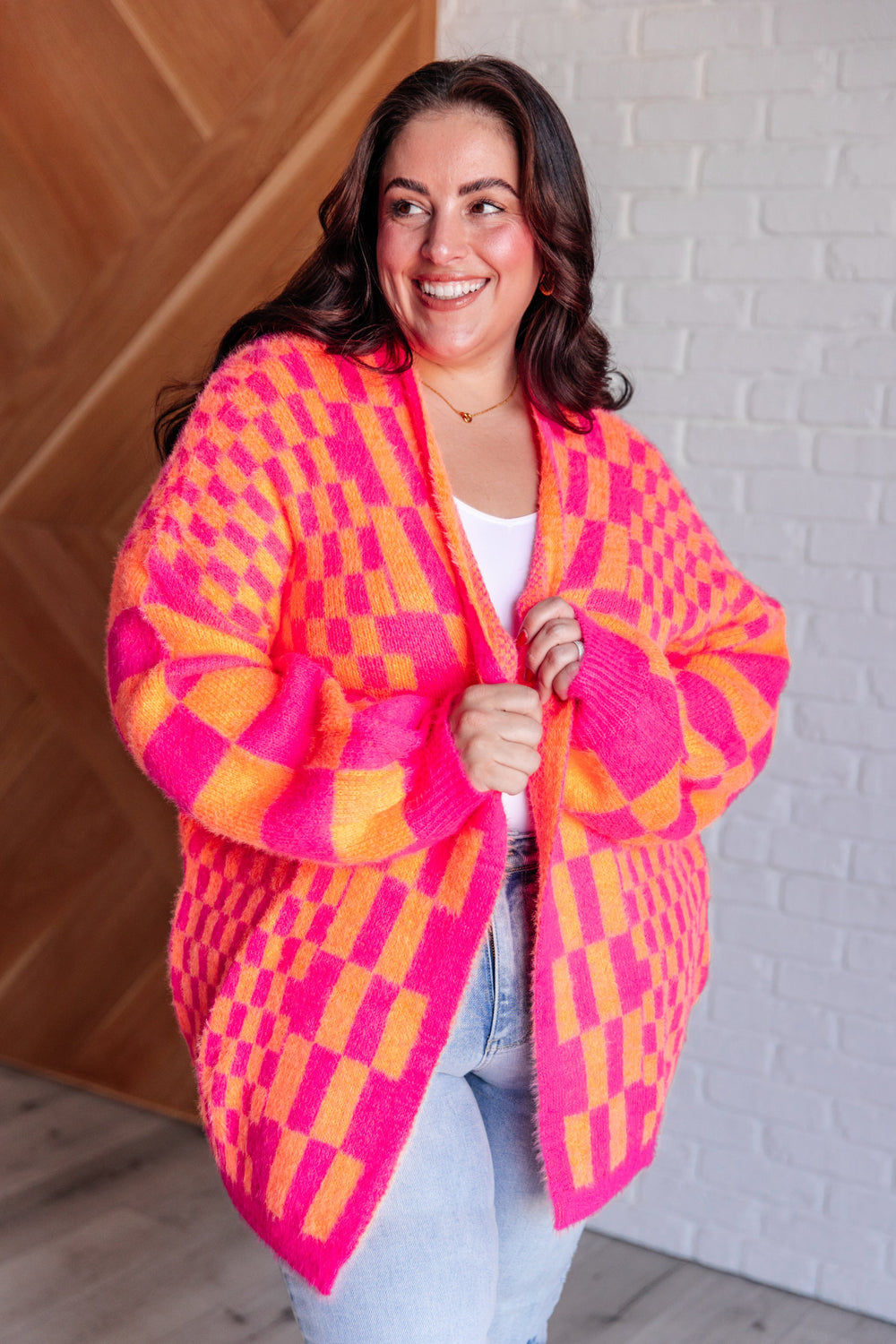 Noticed in Neon Checkered Cardigan in Pink and Orange-Cardigans + Kimonos-Inspired by Justeen-Women's Clothing Boutique