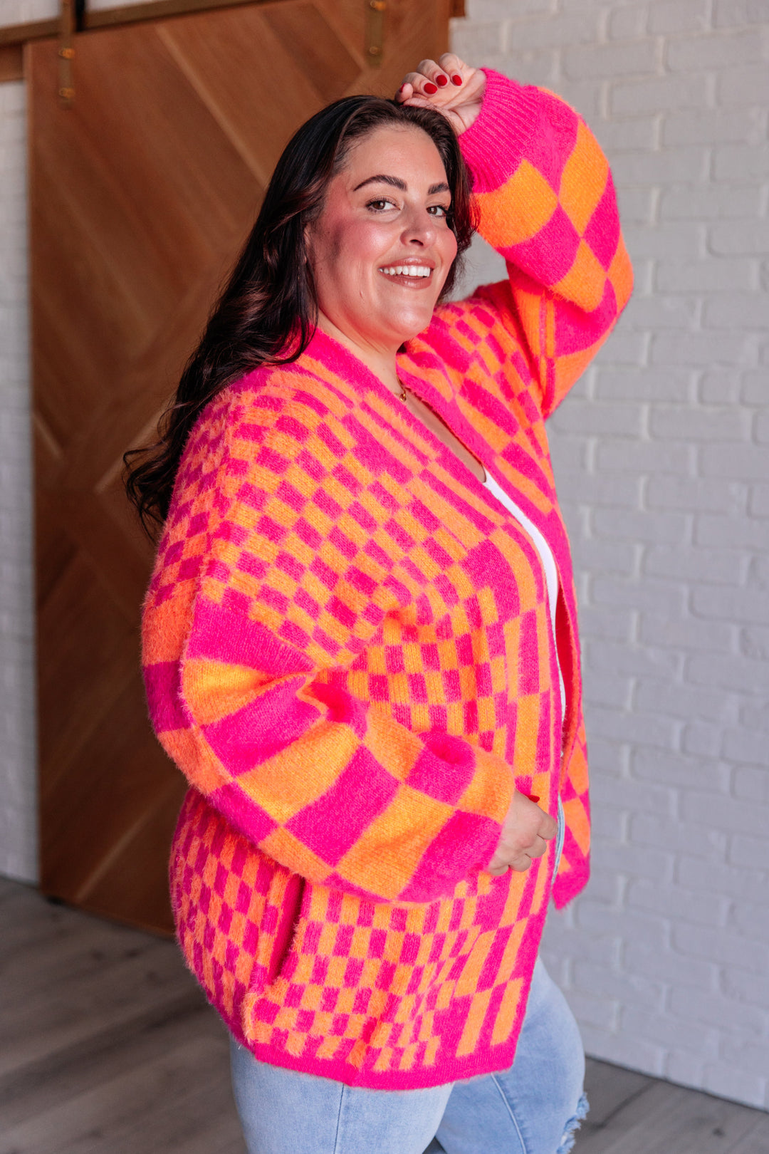 Noticed in Neon Checkered Cardigan in Pink and Orange-Cardigans + Kimonos-Inspired by Justeen-Women's Clothing Boutique