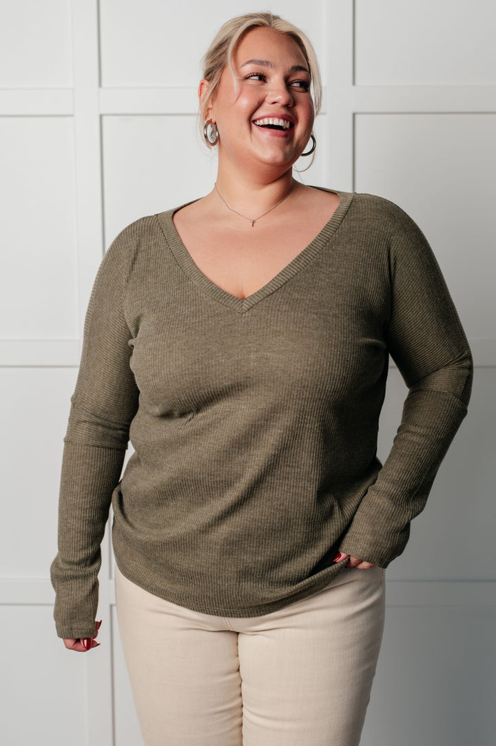 On a Roll Ribbed Knit V Neck Long Sleeve Top-110 Long Sleeve Tops-Inspired by Justeen-Women's Clothing Boutique