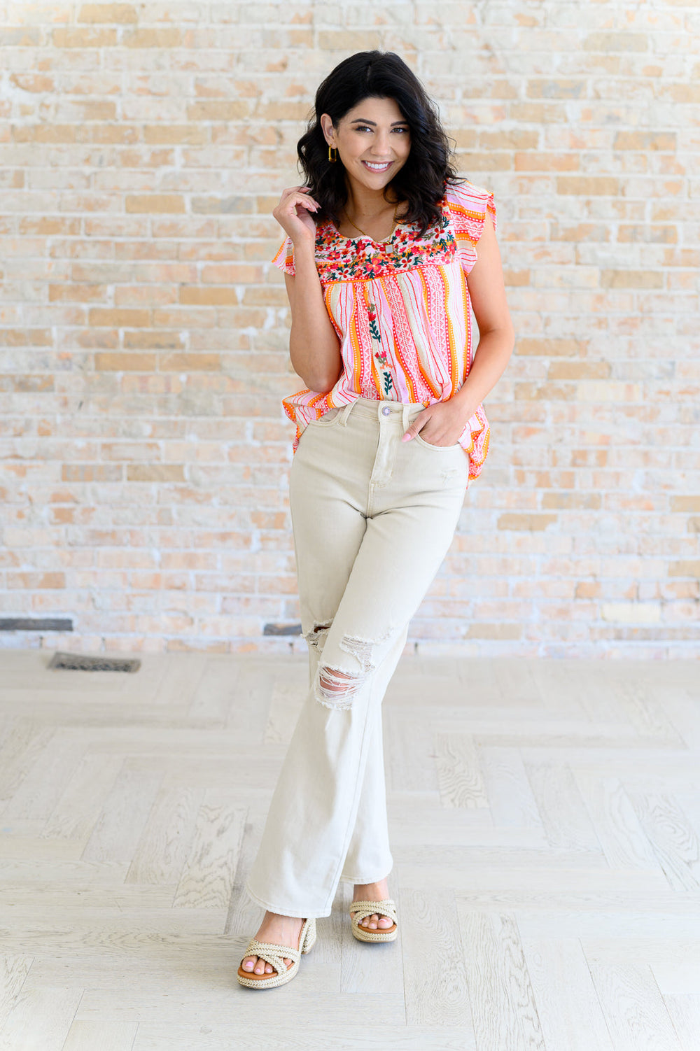 Orange Blossoms Flutter Sleeve Blouse-Short Sleeve Tops-Inspired by Justeen-Women's Clothing Boutique