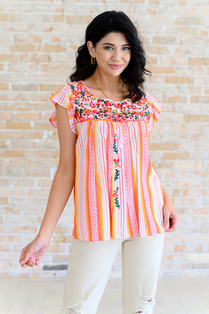 Orange Blossoms Flutter Sleeve Blouse-Short Sleeve Tops-Inspired by Justeen-Women's Clothing Boutique