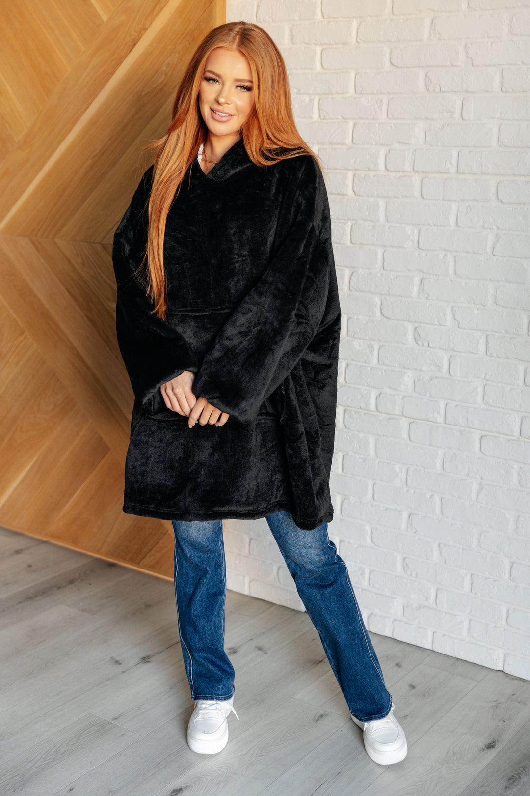 Oversized Velour Blanket Hoodie in Black-Sweaters/Sweatshirts-Inspired by Justeen-Women's Clothing Boutique