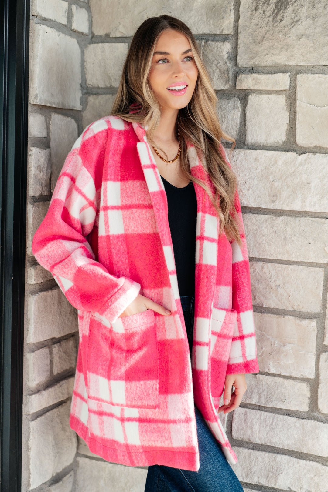 Passion in Plaid Coat in Pink-Outerwear-Inspired by Justeen-Women's Clothing Boutique