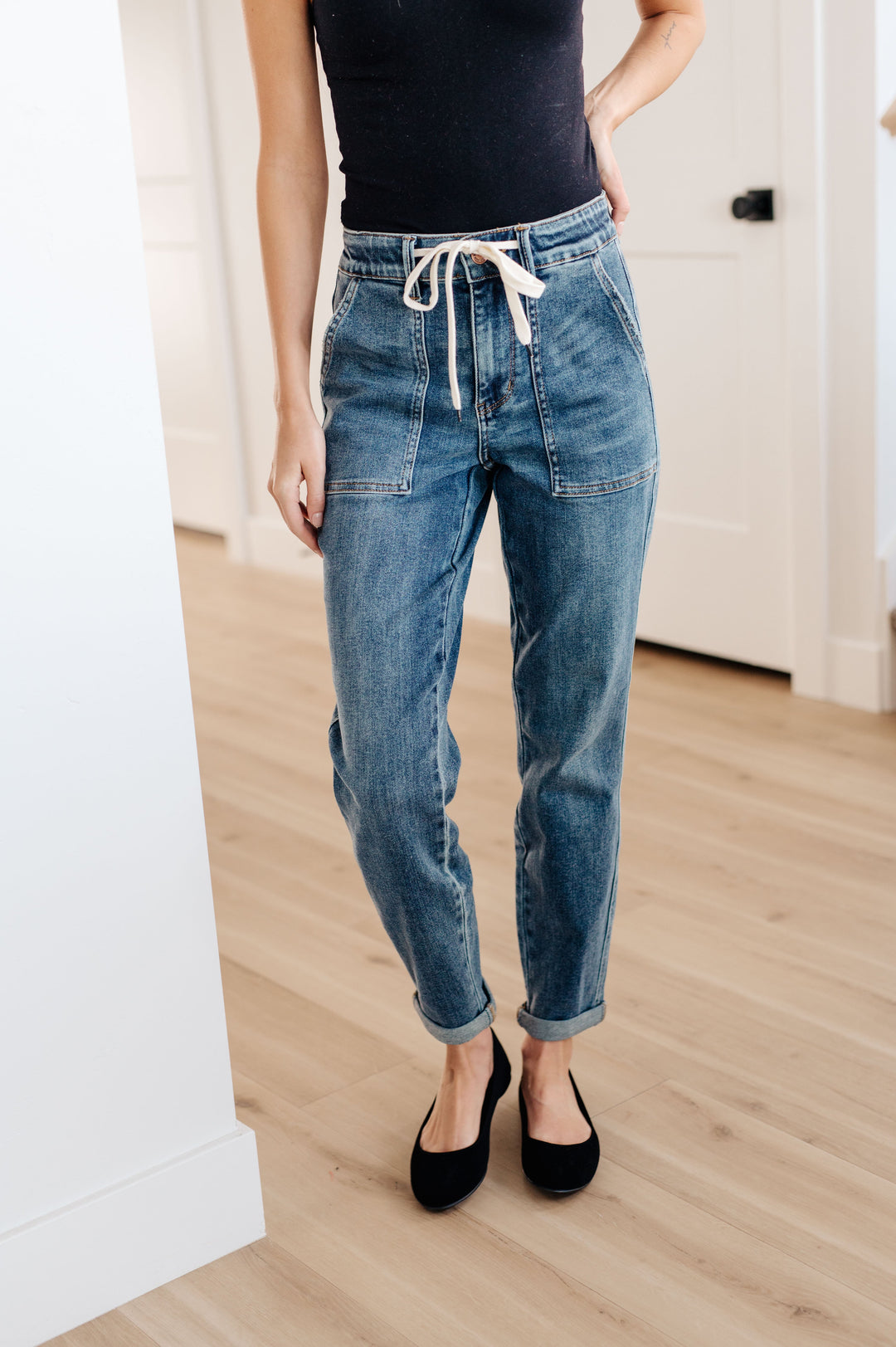 Payton Pull On Denim Joggers in Medium Wash-Denim-Inspired by Justeen-Women's Clothing Boutique in Chicago, Illinois