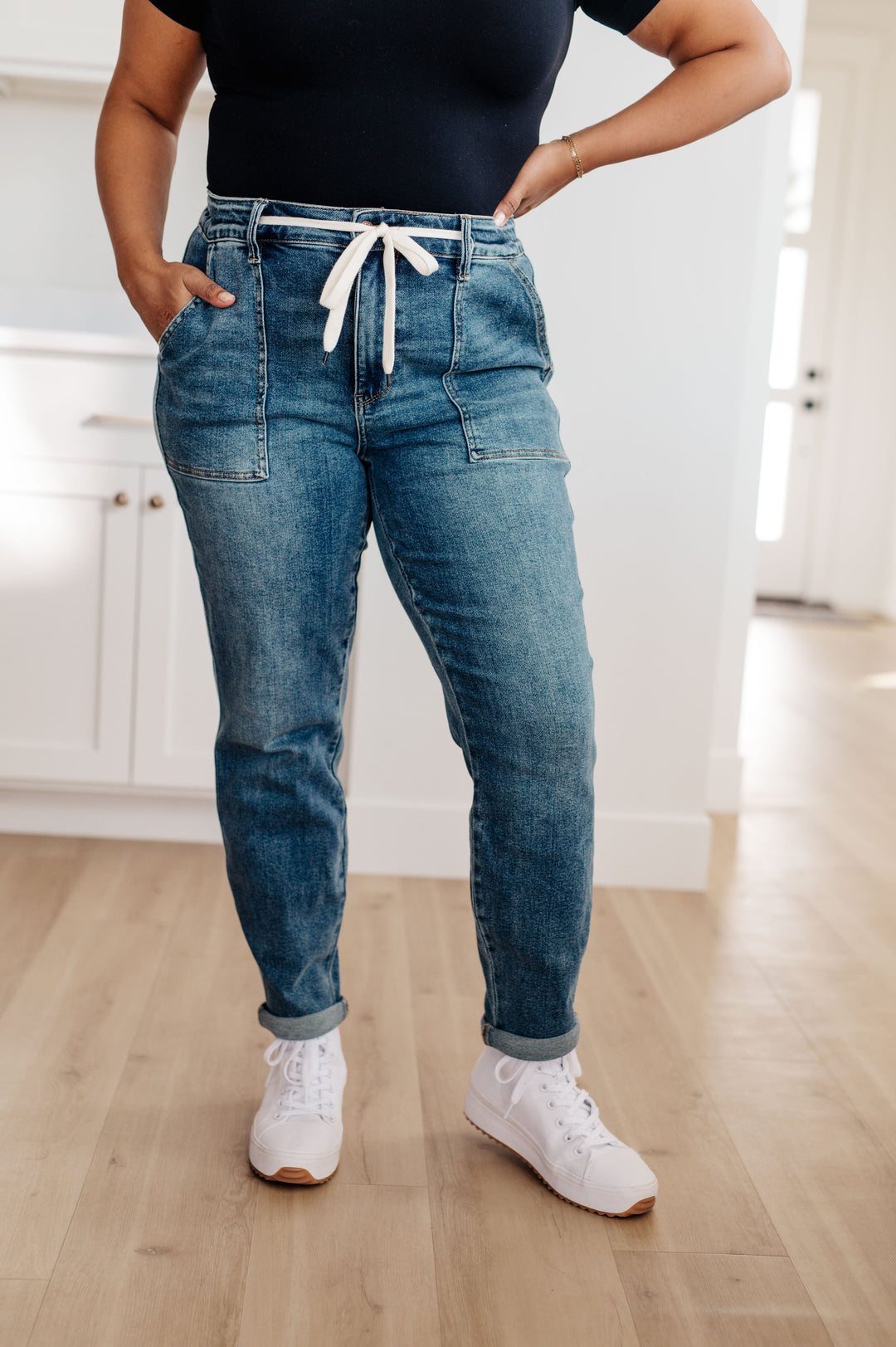 Payton Pull On Denim Joggers in Medium Wash-Denim-Inspired by Justeen-Women's Clothing Boutique in Chicago, Illinois