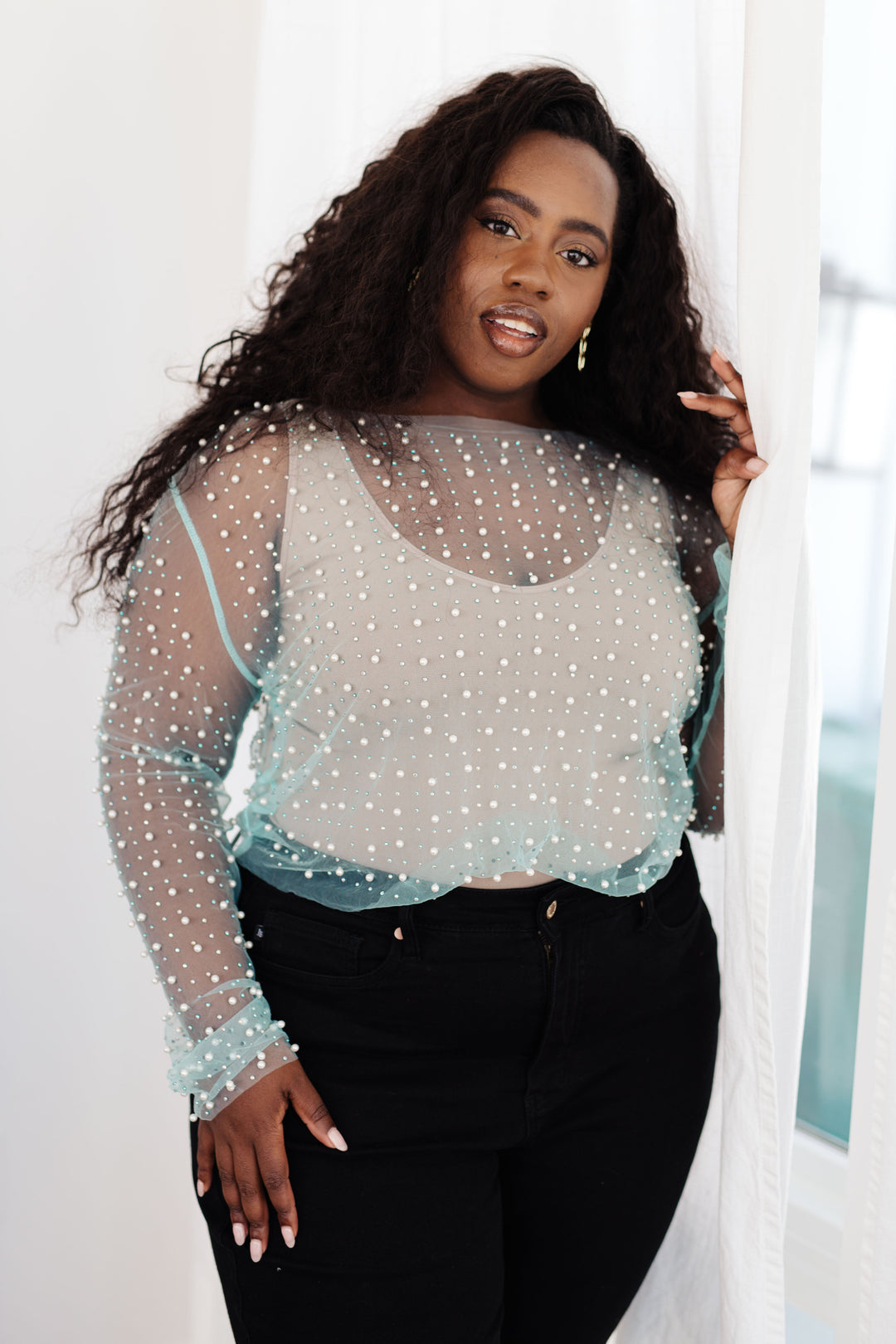 Pearl Diver Layering Top in Light Cyan-110 Long Sleeve Tops-Inspired by Justeen-Women's Clothing Boutique