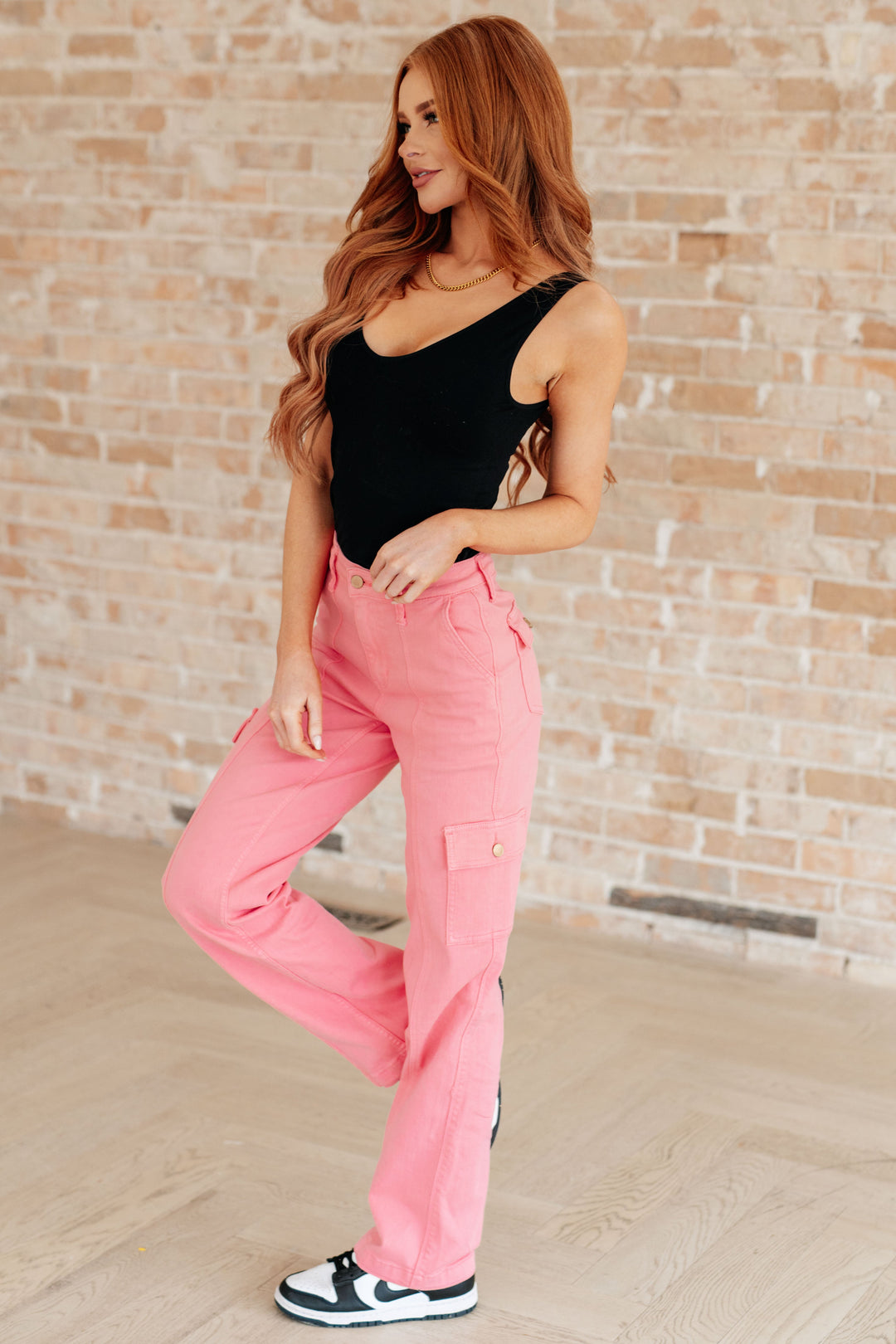 Peggy High Rise Cargo Straight Jeans in Pink-Denim-Inspired by Justeen-Women's Clothing Boutique in Chicago, Illinois