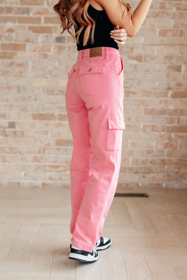 Peggy High Rise Cargo Straight Jeans in Pink-Denim-Inspired by Justeen-Women's Clothing Boutique in Chicago, Illinois
