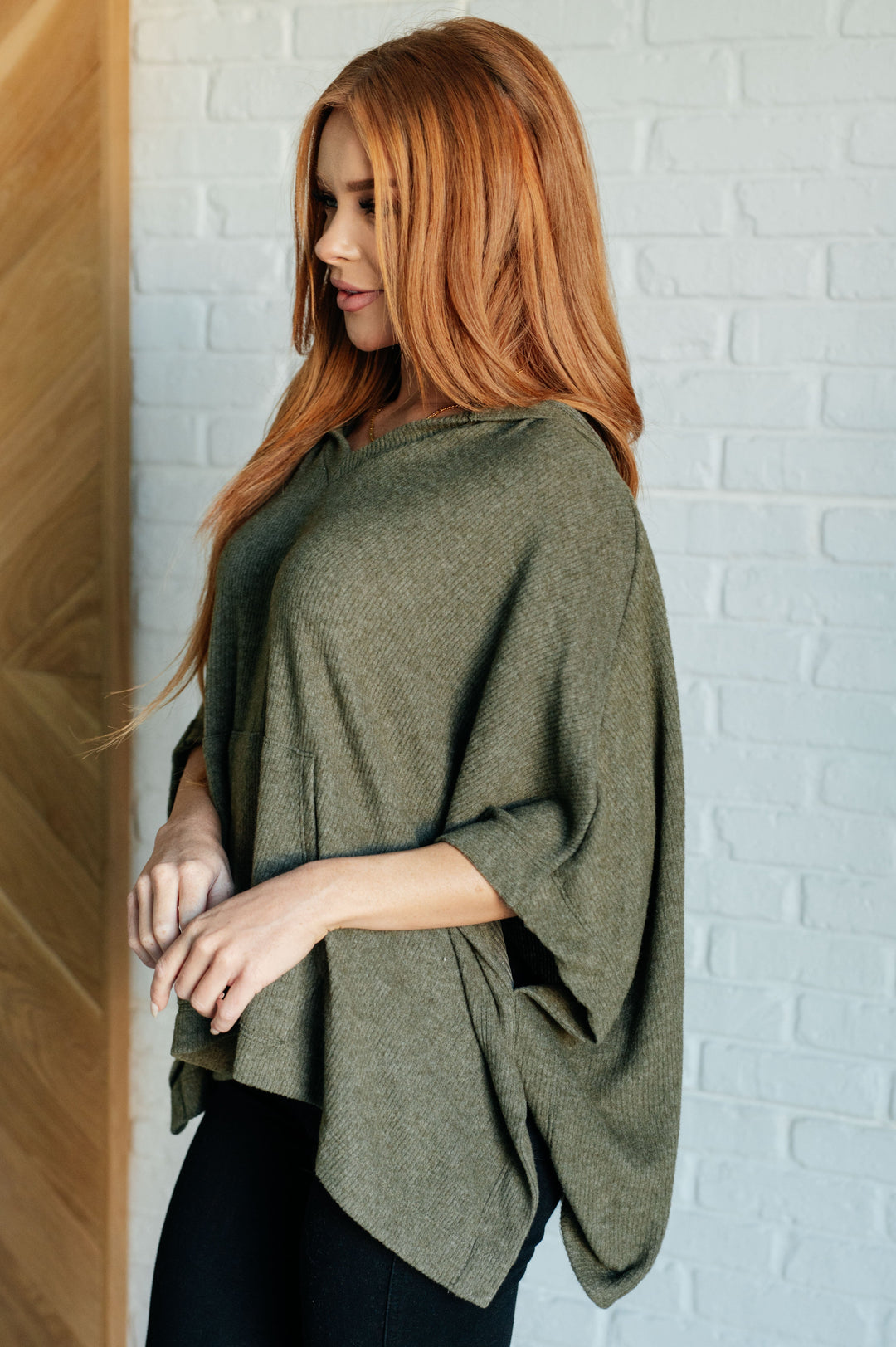 Perfectly Poised Hooded Poncho in Olive-Outerwear-Inspired by Justeen-Women's Clothing Boutique