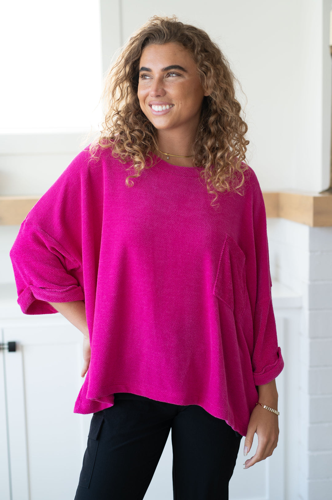 Pink Thoughts Chenille Blouse-Short Sleeve Tops-Inspired by Justeen-Women's Clothing Boutique