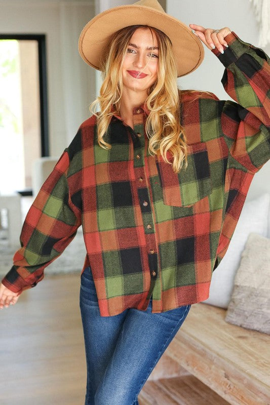 Rock'n Plaid Olive & Rust Button Down Oversized Shirt-Inspired by Justeen-Women's Clothing Boutique