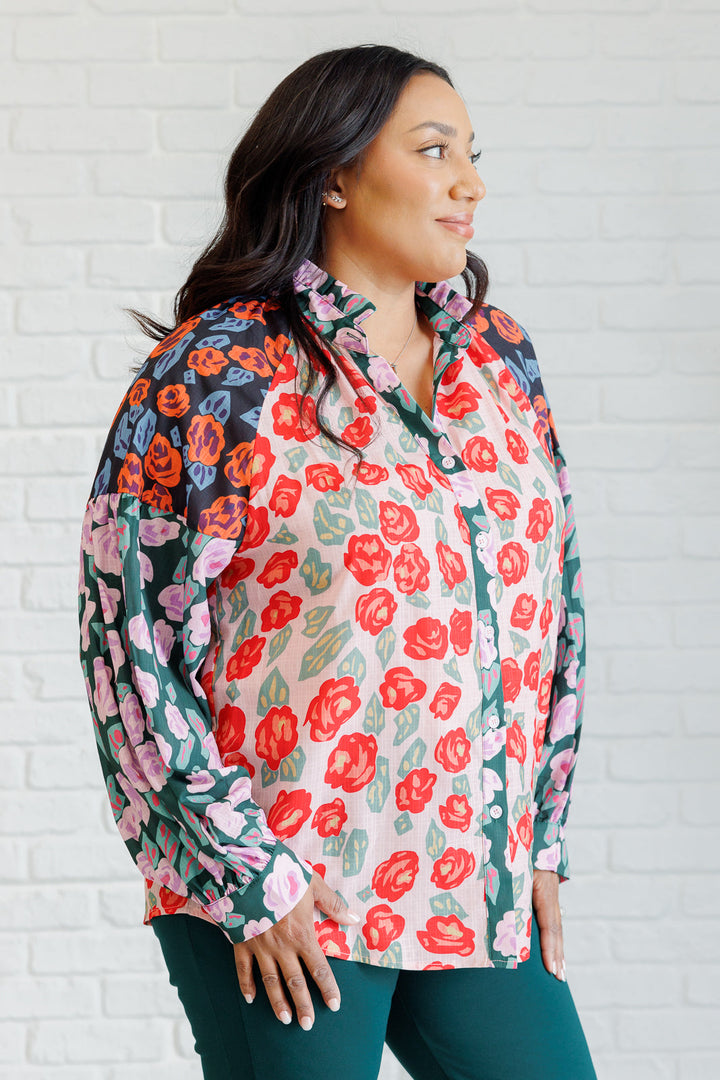 Presupposed Ideas Mixed Print Button Up Blouse-110 Long Sleeve Tops-Inspired by Justeen-Women's Clothing Boutique